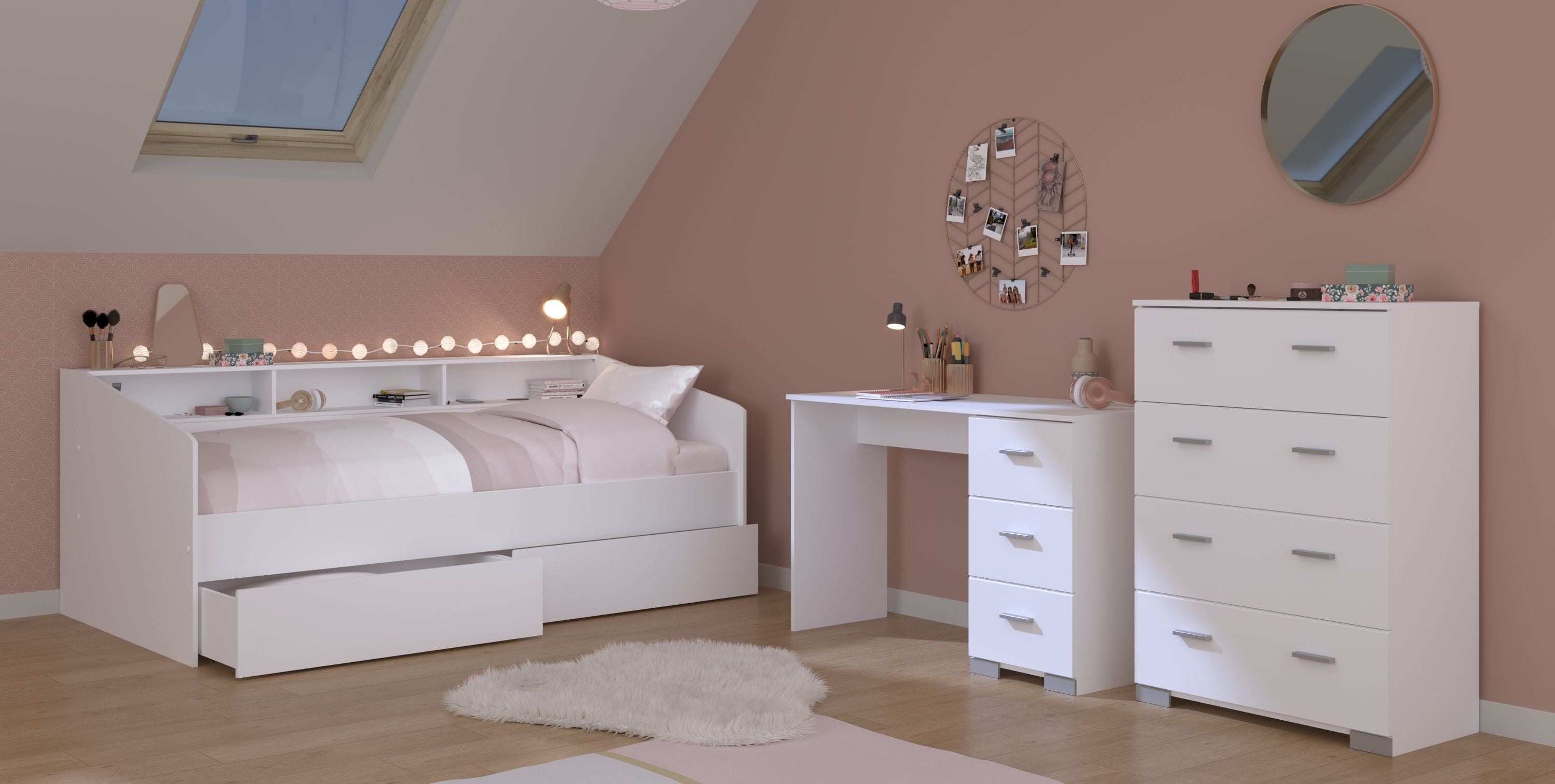 Jugendzimmer Sleep Parisot weiß inkl. Bett + 2 Bettkästen + weitere passende Möbel