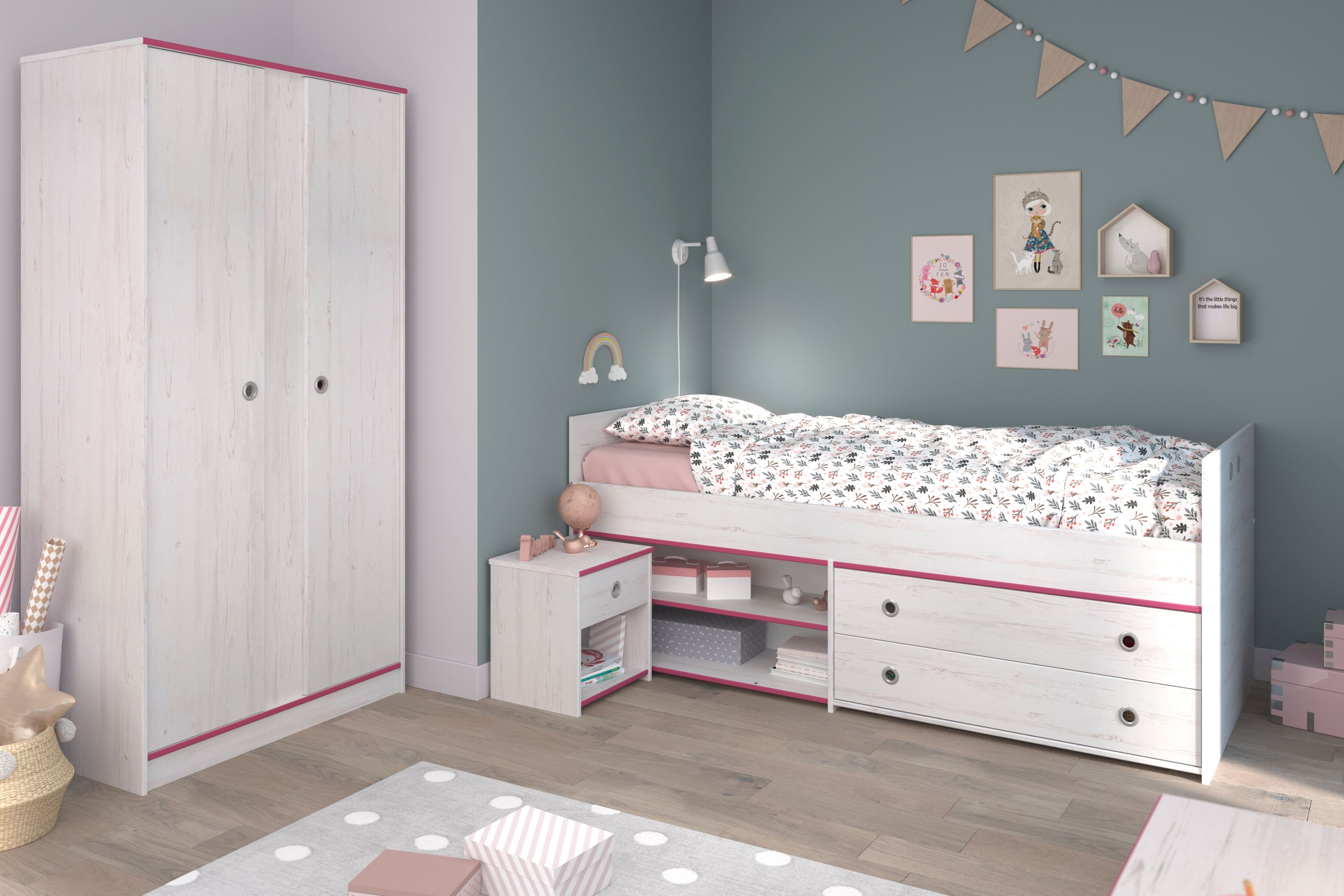 Kinderzimmer Smoozy 22 Parisot 3-teilig weiß Bett + Kleiderschrank + Nachtkommode Funktionsbett