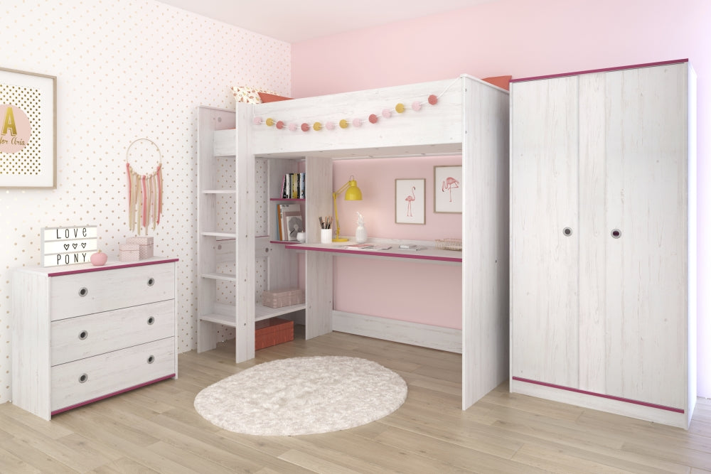 Kinderzimmer Smoozy 28 Parisot 3-teilig weiß - pink - blau Bett + Kommode + Schreibtisch