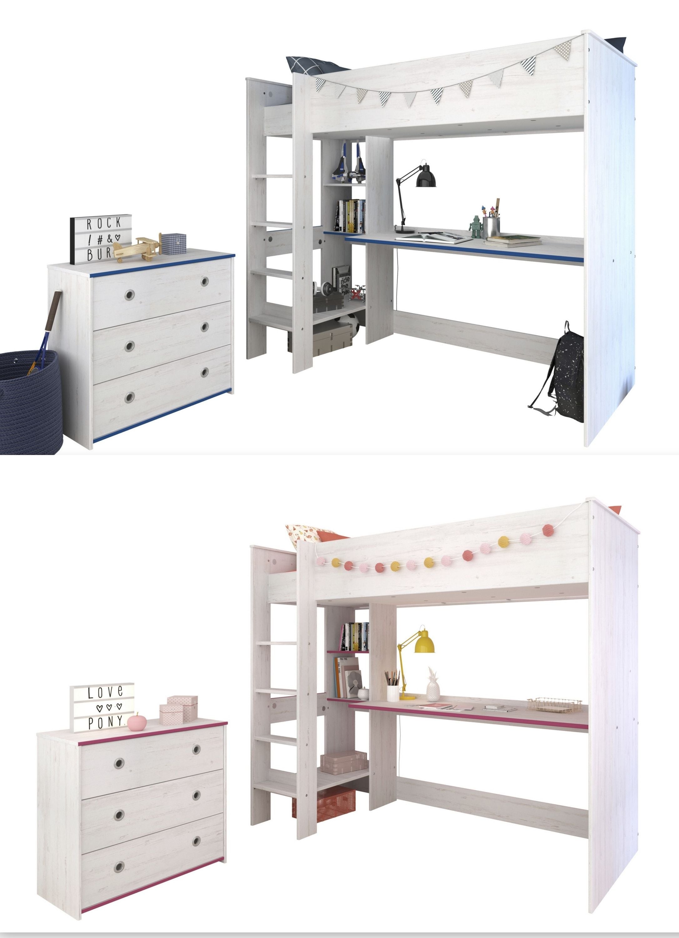 Kinderzimmer Smoozy 29 Parisot 2-teilig weiß - pink - blau Bett + Kommode + Schreibtisch