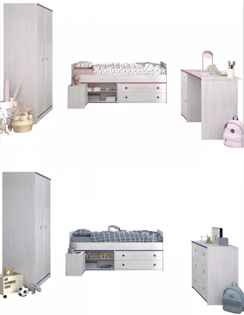 Kinderzimmer Smoozy 26 Parisot 4-tlg Bett + Nachtkommode + Schreibtisch + Kleiderschrank weiß