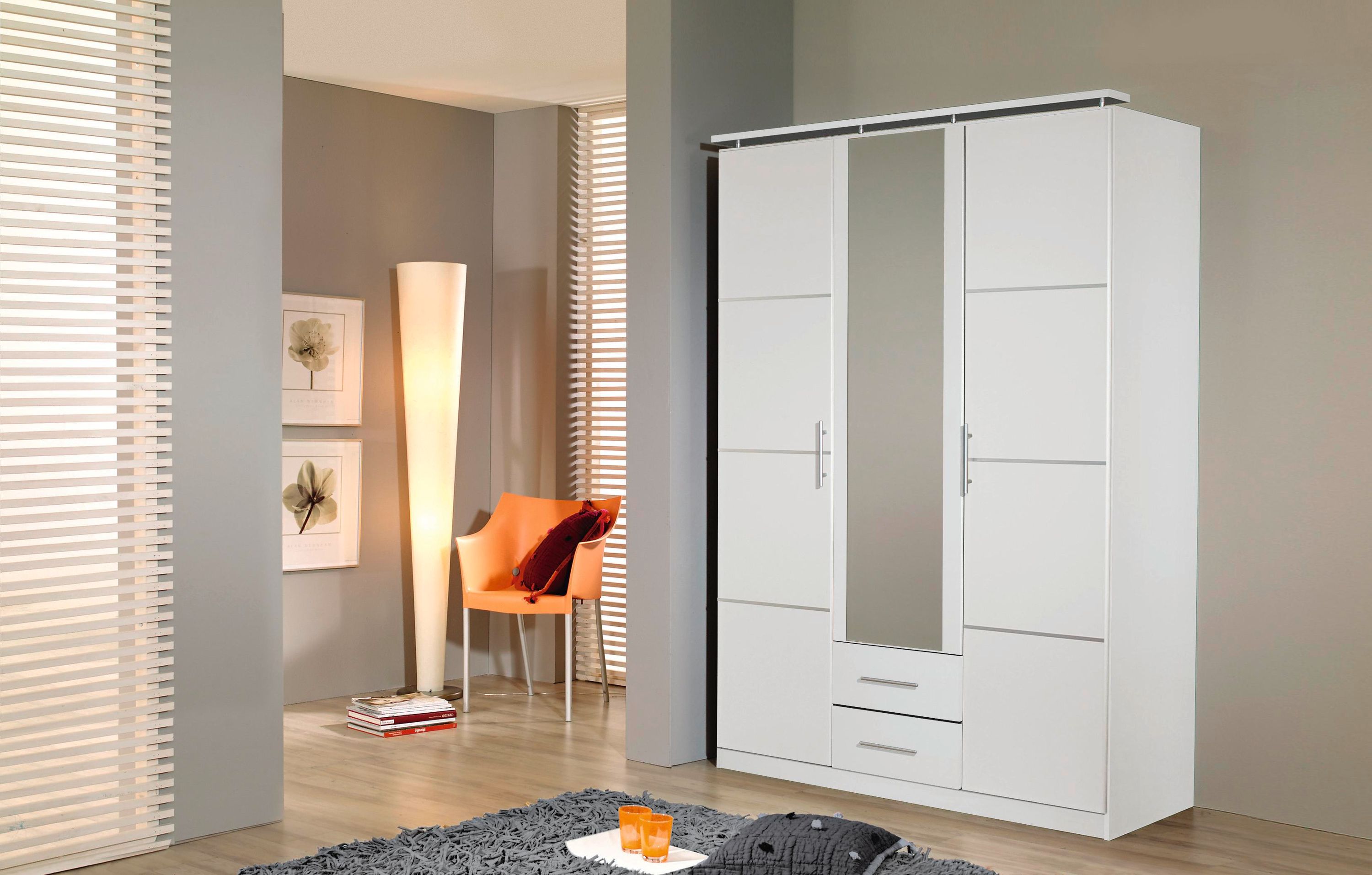 Kleiderschrank Devin weiß 3-trg mit Spiegel und 2 Schubladen B 136 cm - H 201 cm - T 56 cm