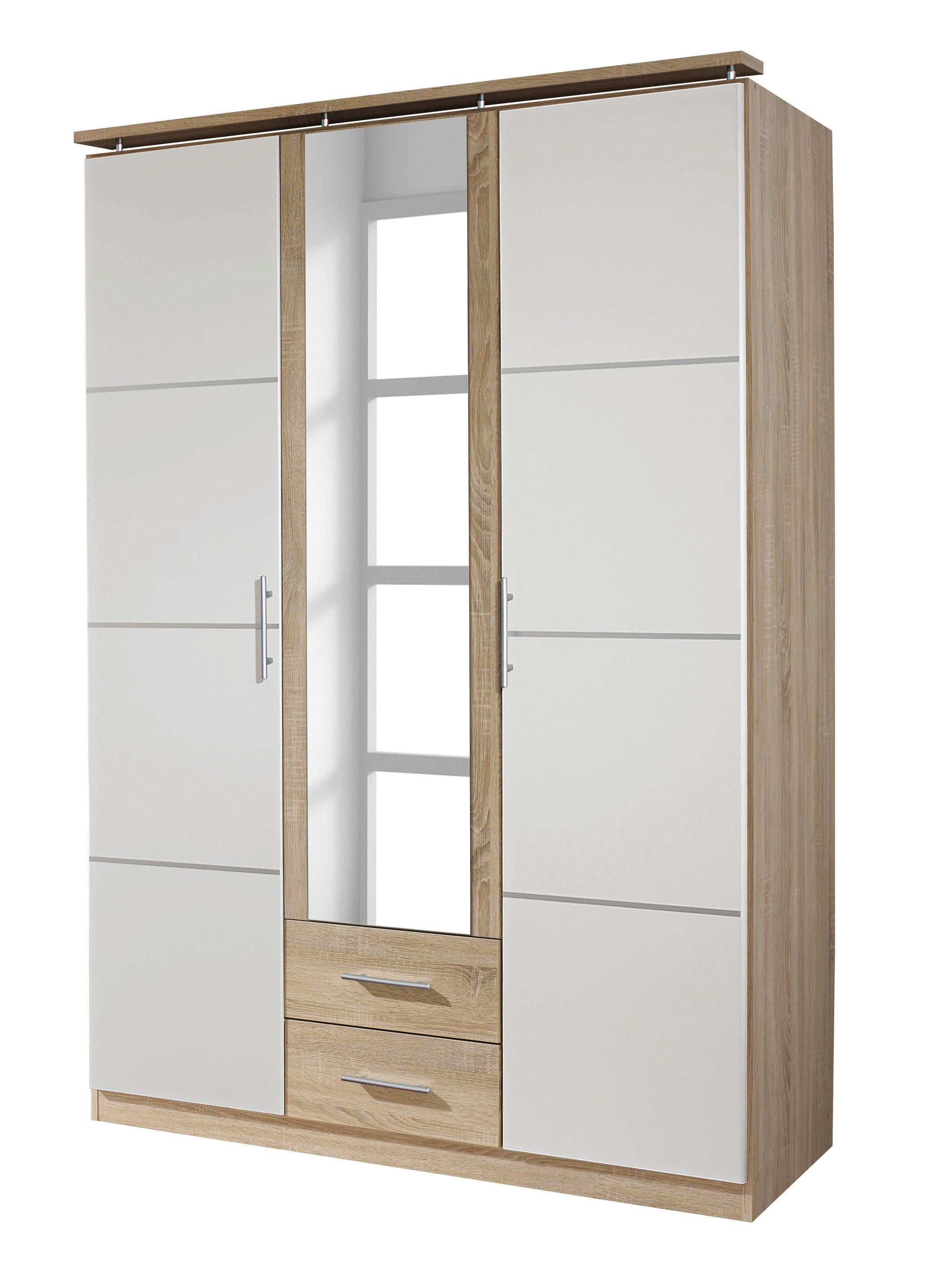 Kleiderschrank Devin weiß-braun 3-trg mit Spiegel und 2 Schubladen B 136 cm - H 201 cm - T 56 cm