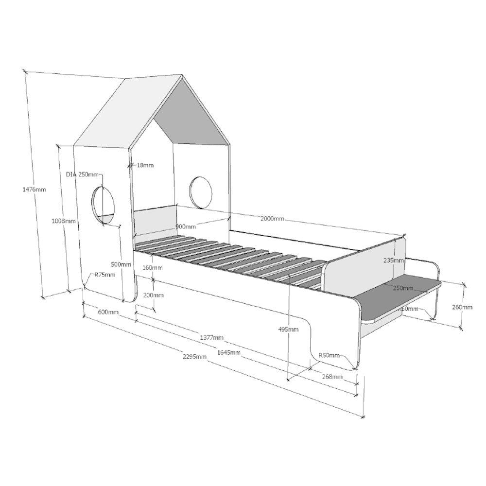 Hausbett Maxi Vipack inkl Rolllattenrost mit 15 Leisten + Sitzbank + Dachüberbau MDF Holz 90*200 cm