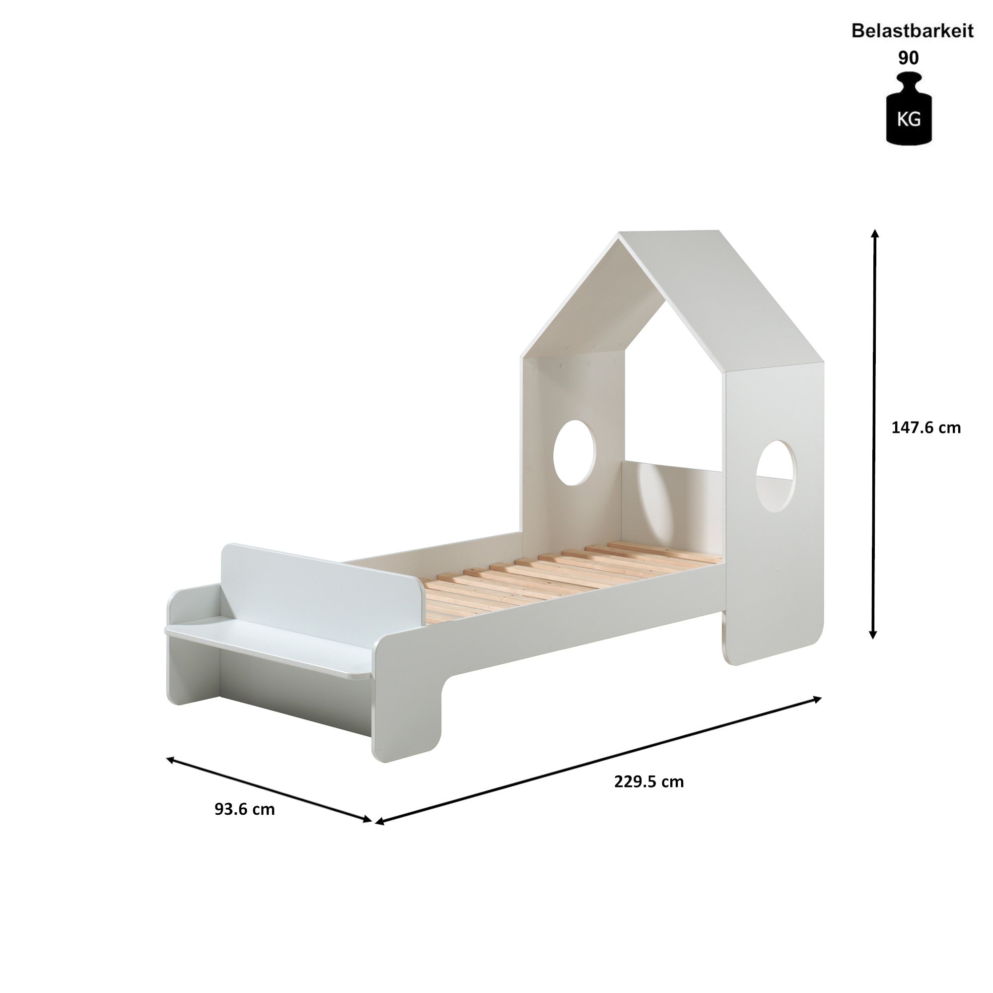 Hausbett Maxi Vipack inkl Rolllattenrost mit 15 Leisten + Sitzbank + Dachüberbau MDF Holz 90*200 cm