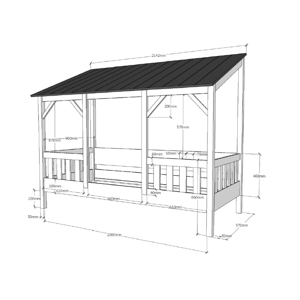 Hausbett Avery Vipack inklusive Dachüberbau aus hochwertigem MDF Werkstoff + Massivholz in 90*200 cm
