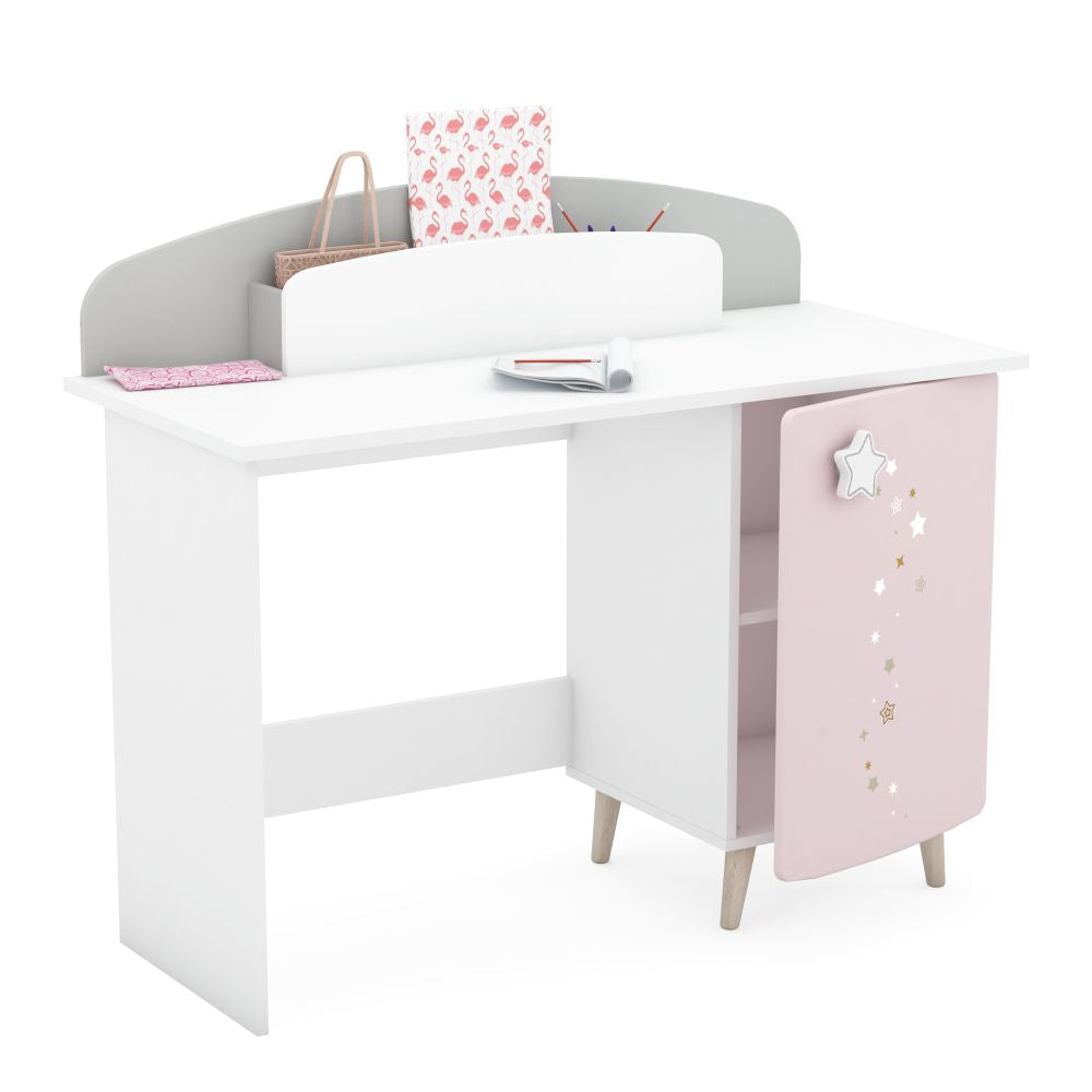 Schreibtisch Sternschnuppe 113 x 50 cm 1x Tür - dahinter 1x Einlegeboden + 1x Box rosa - weiß B-WARE