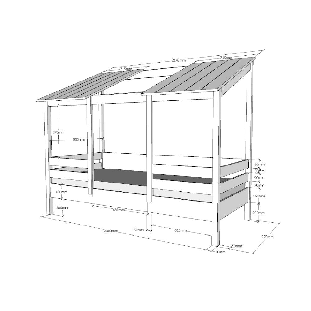Hausbett Avery Vipack inklusive Dachüberbau aus hochwertigem MDF Werkstoff + Massivholz in 90*200 cm