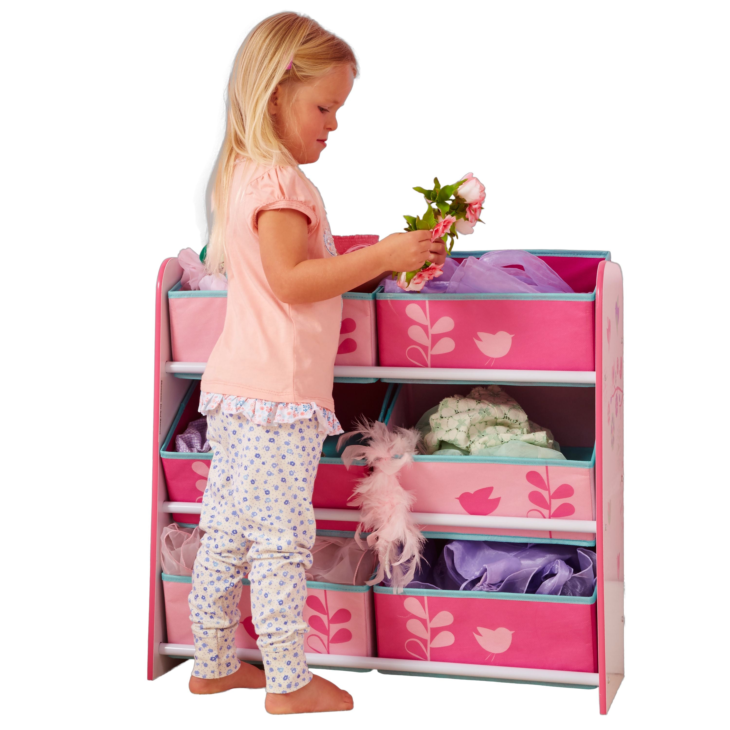 Blumen und Vögel - Regal zur Spielzeugaufbewahrung mit 6 Kisten für Kinder
