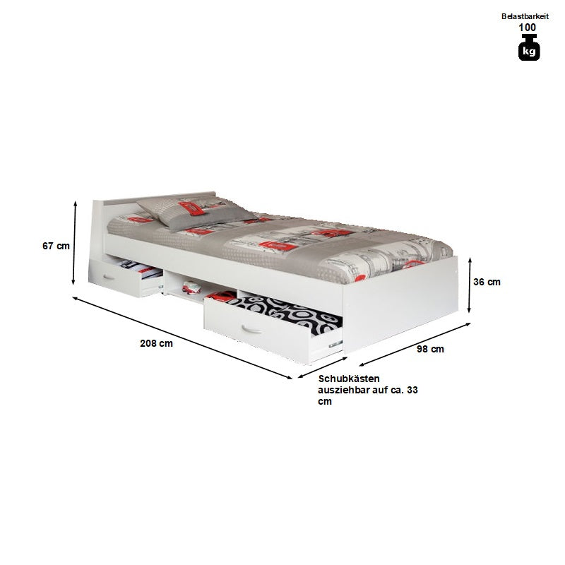 Funktionsbett Alawis Parisot inklusive 2 Bettkästen + 1 Regal Holznachbildung weiß in 90*200 cm