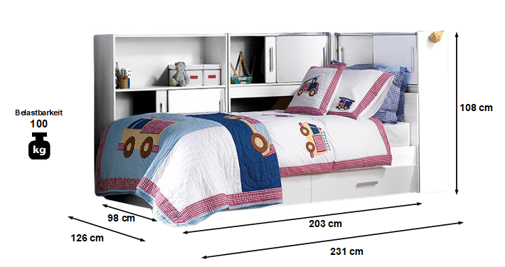 Funktionsbett Snoop 1 Parisot 90*200 cm inkl. 3 Regale mit je 2 Fächern + Bettkästen 90*200 cm weiß