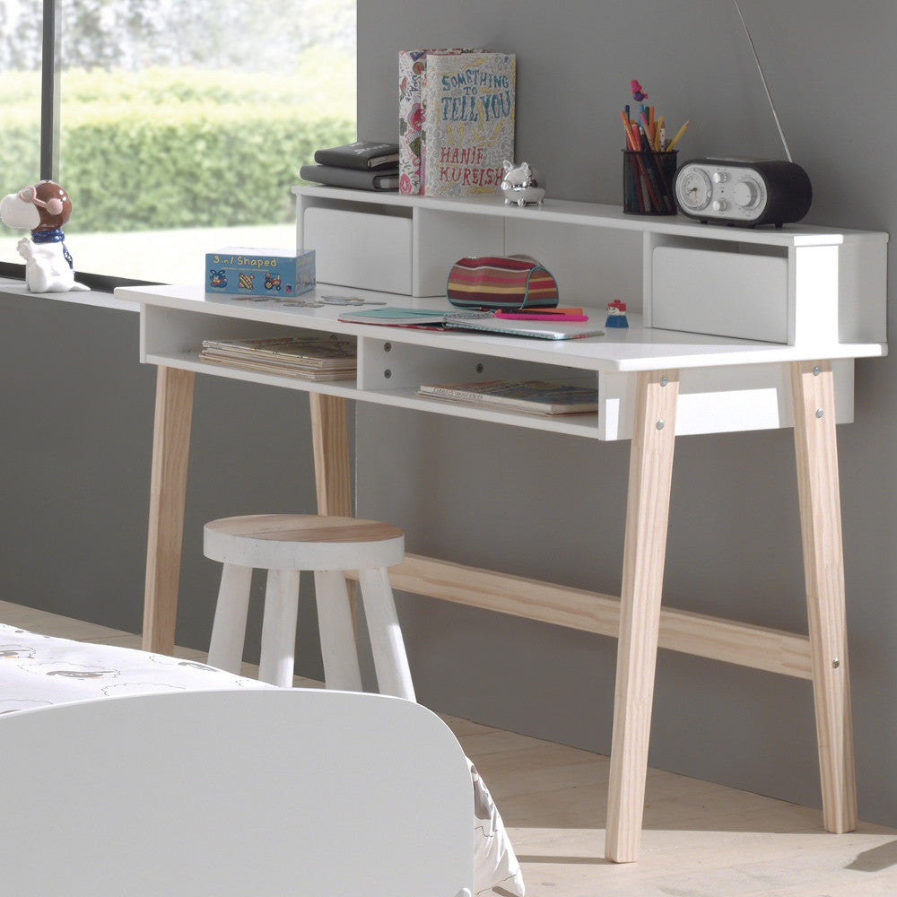 Schreibtisch Cameron Vipack mit 2 Staufächern + 2 Schubladen aus MDF Holz weiß + Kiefer massiv natur