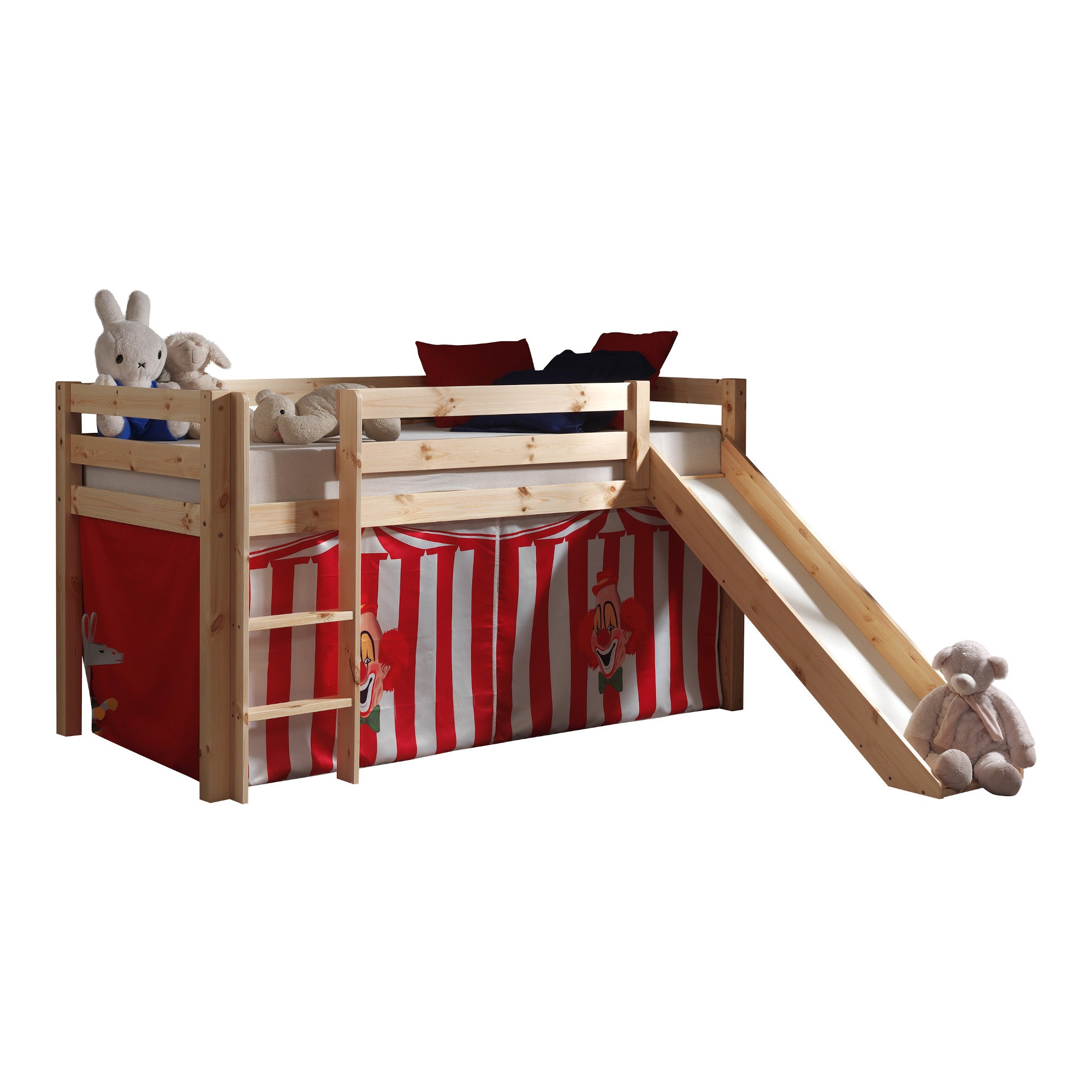 Weltall Kinder-Hochbett mit Tunnel & Vorhang aus Holz Grau & Stoff