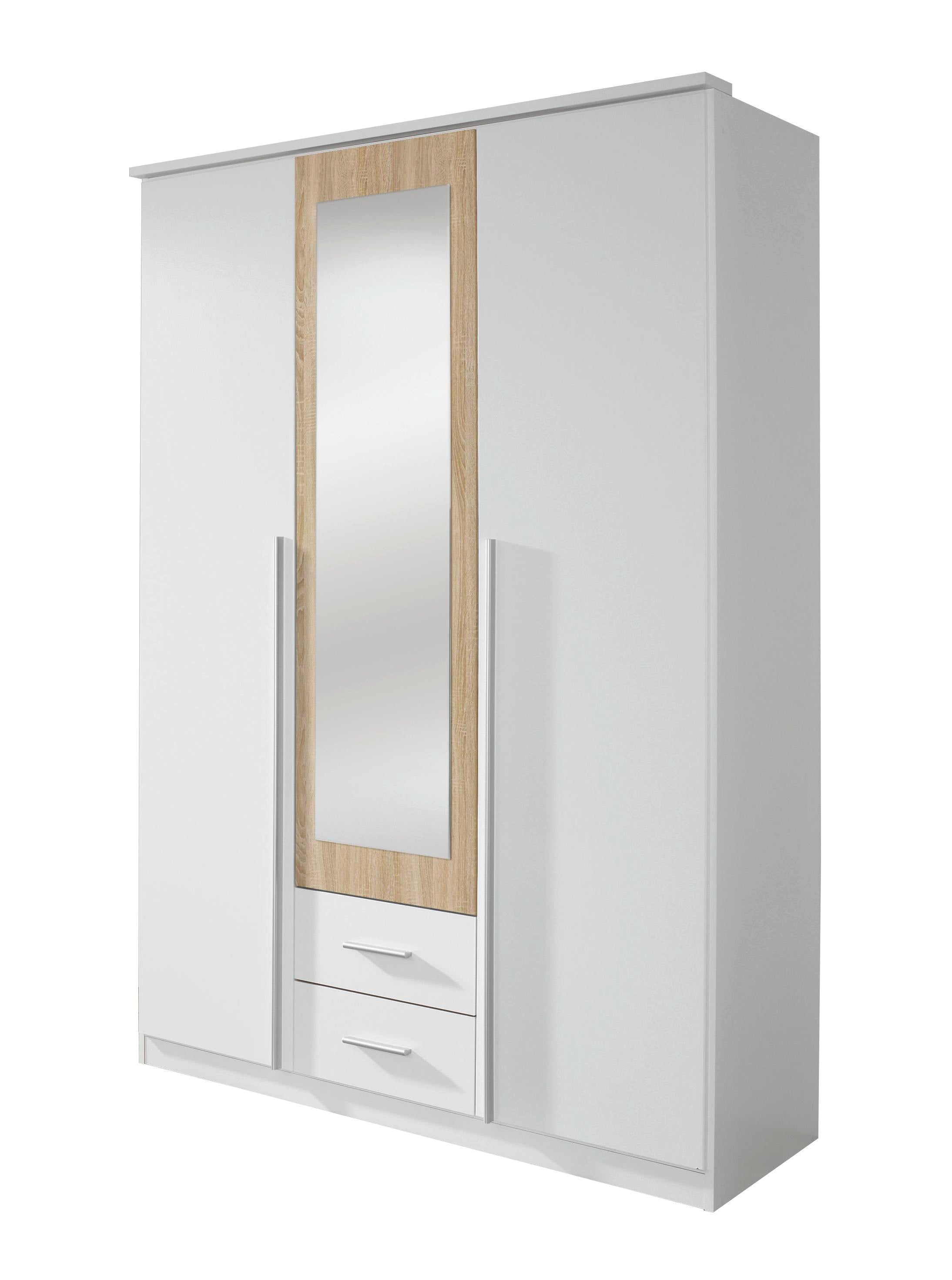 Kleiderschrank Basti 3-trg mit Spiegeltür + 2 Schubladen weiß 3 Türen B 136 cm H 199 cm T 56 cm