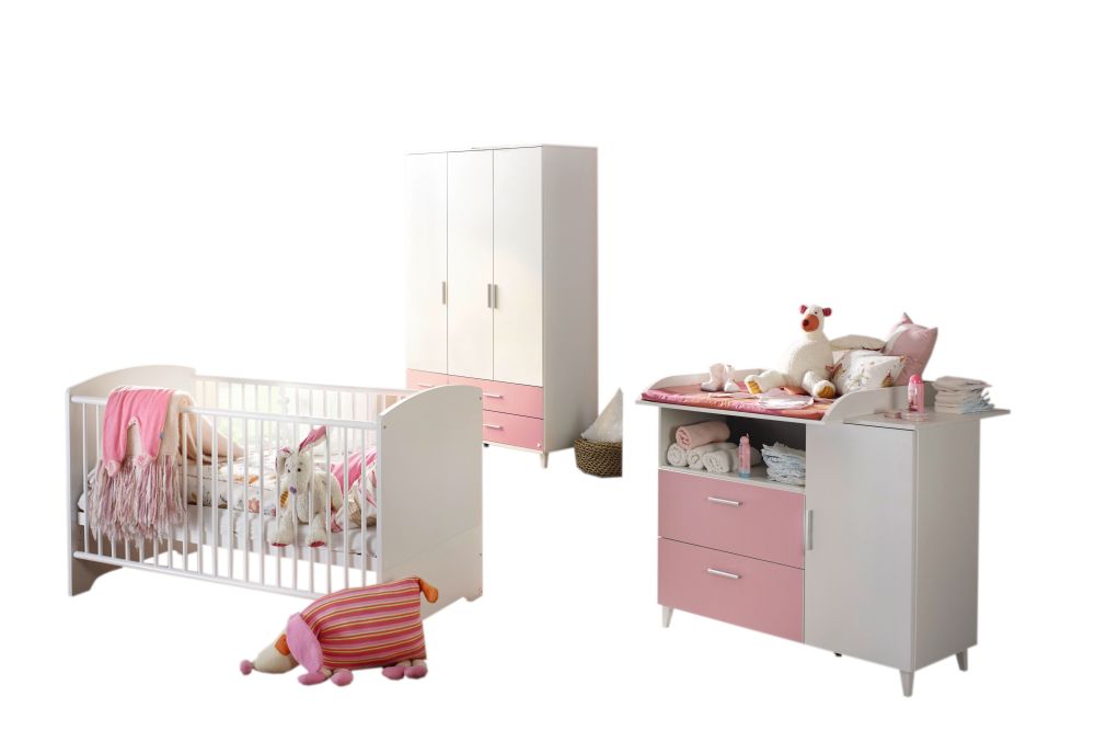 Babyzimmer Elisa 2 - 4-tlg Babybett Wickelkommode Kleiderschrank weiß - rosa