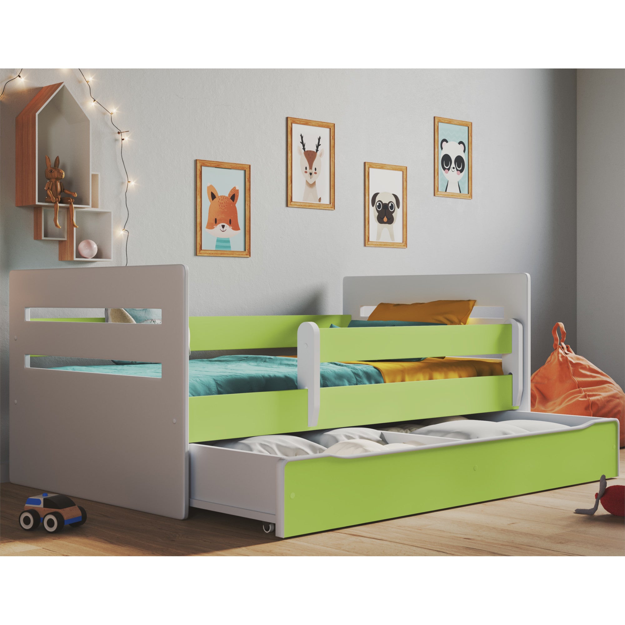 Kinderbett Riley inkl. Rollrost + Matratze + Bettschublade in grün 80*140, 80*160 oder 80*180 cm