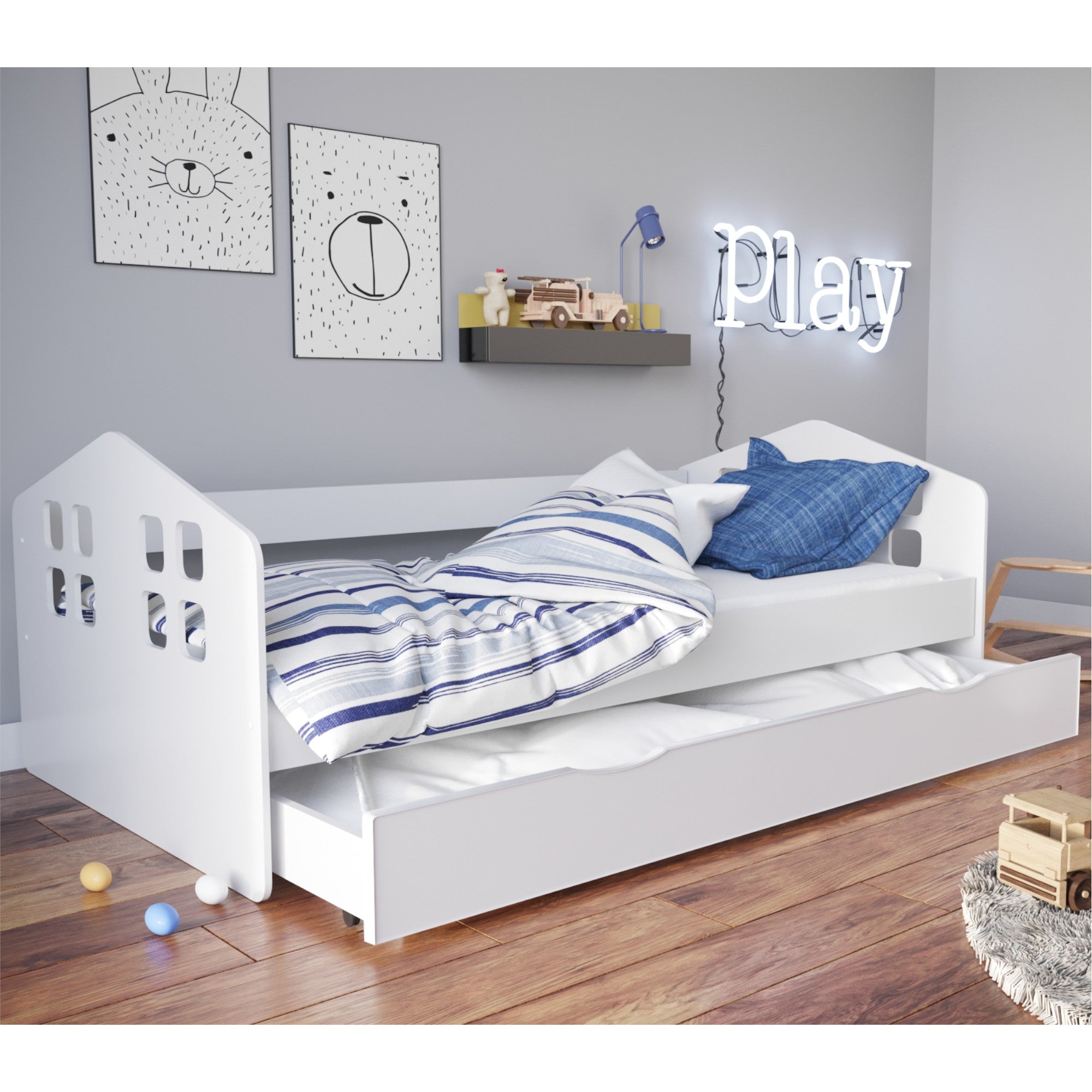 Kinderbett Mika inkl. Rollrost + Matratze + Bettschublade in weiß