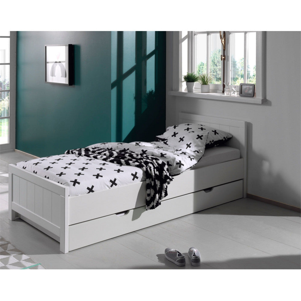 Einzelbett Akira Vipack inkl Bett 90*200 cm + Bettschublade mit Rollenauszug 90*190 cm MDF Holz weiß