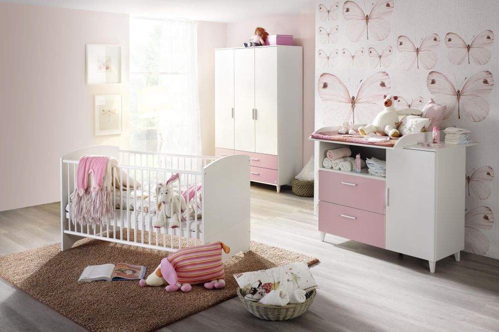 Babyzimmer Elisa 2 - 4-tlg Babybett Wickelkommode Kleiderschrank weiß - rosa