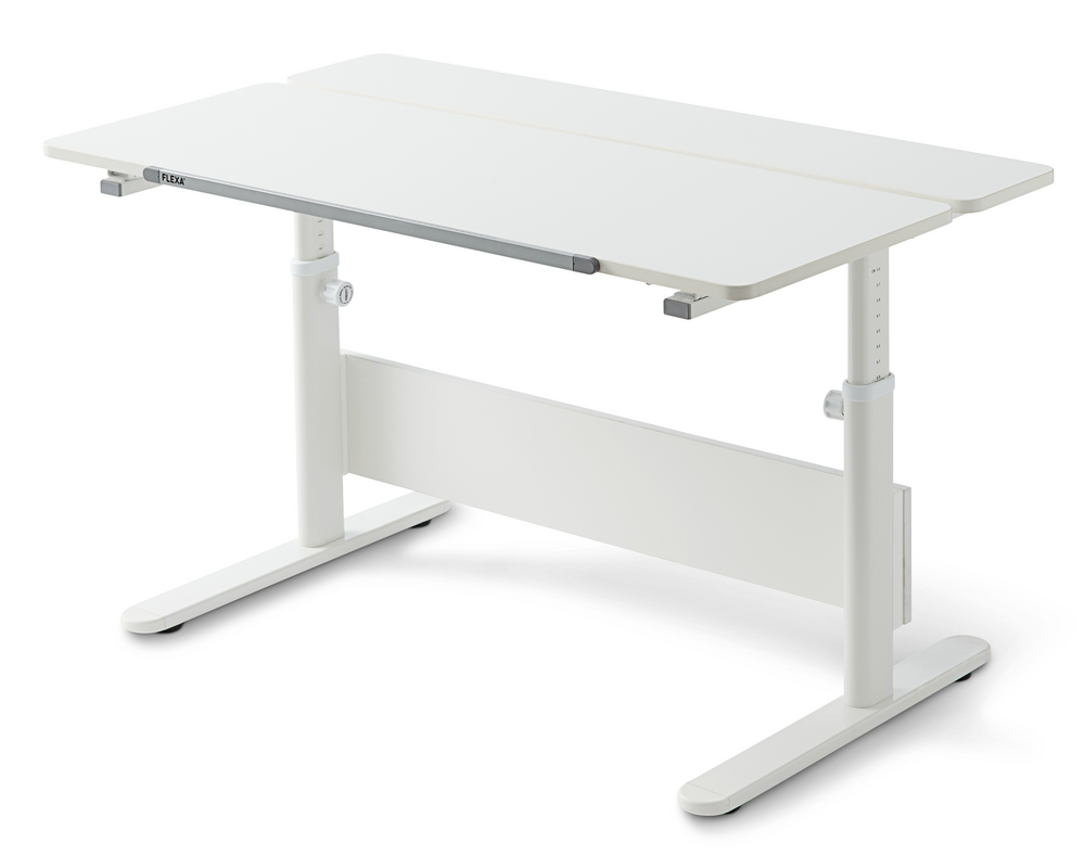 FLEXA Study EVO Schreibtisch zweiteilige, neigungsverstellbare Schreibtischplatte höhenverstellbare Beine mit Federsystem