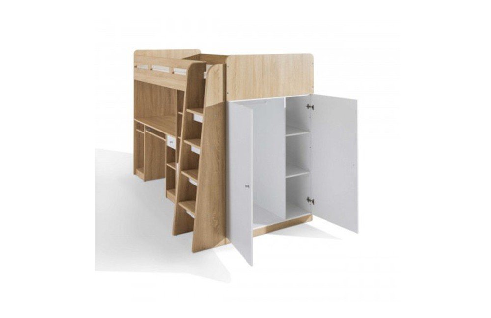 Hochbett Enri 90*200 cm ink Kleiderschrank Regal Schreibtisch + Lattenrostplatte Eiche - weiß B-Ware