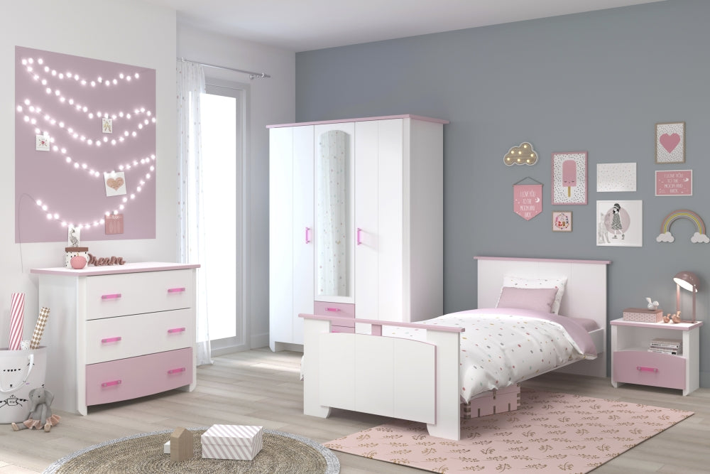 Kinderzimmer Biotiful Parisot 4-teilig Kleiderschrank Kommode Bett Nachtkommode weiß - rosa