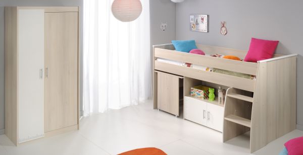 Kinderzimmer Charly 5 Parisot 2-tlg Hochbett + Kleiderschrank grau - weiß