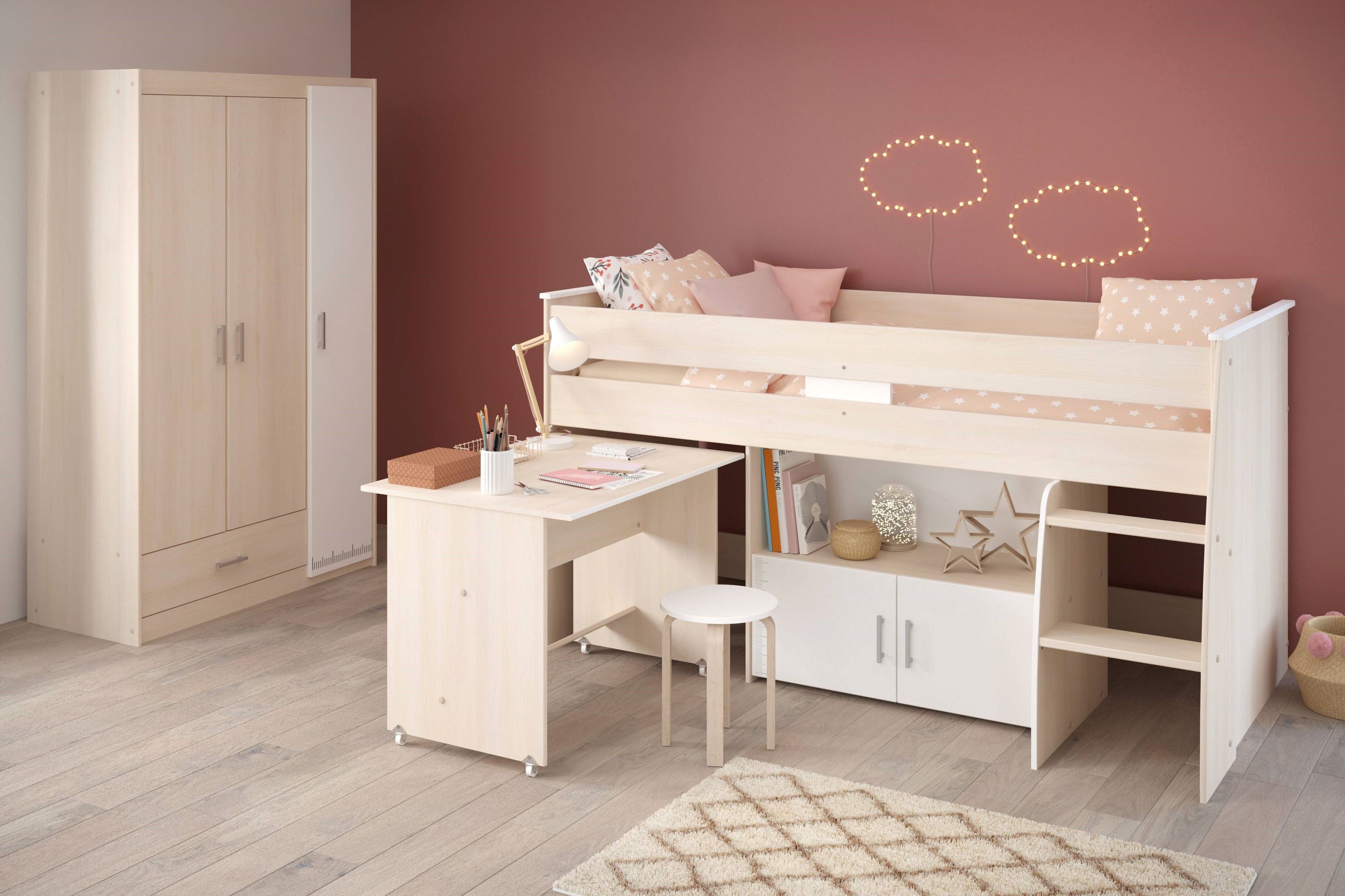 Kinderzimmer Charly 6 Parisot 2-tlg Hochbett + Schreibtisch + Kommode + Kleiderschrank beige - weiß