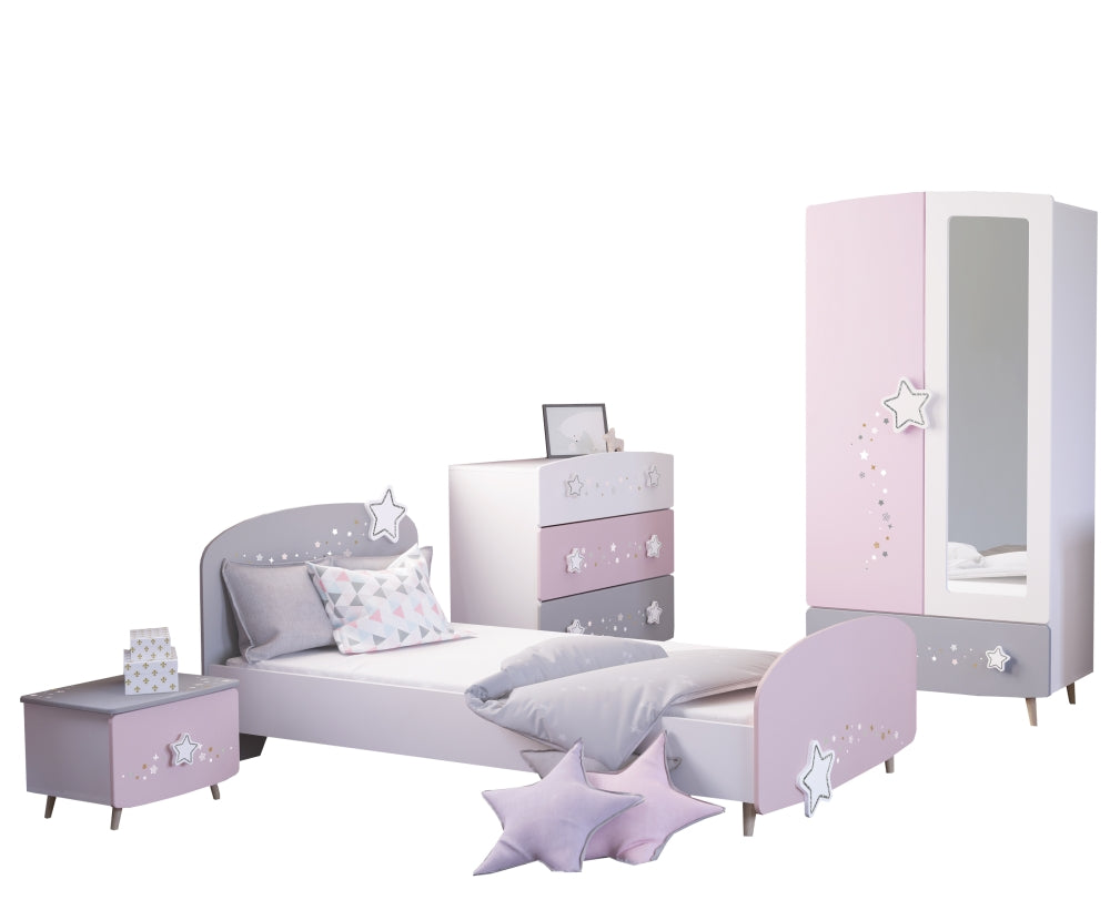 Kinderzimmer Sternschnuppe 4-tlg rosa weiß grau Kleiderschrank Kinderbett 2 Kommoden