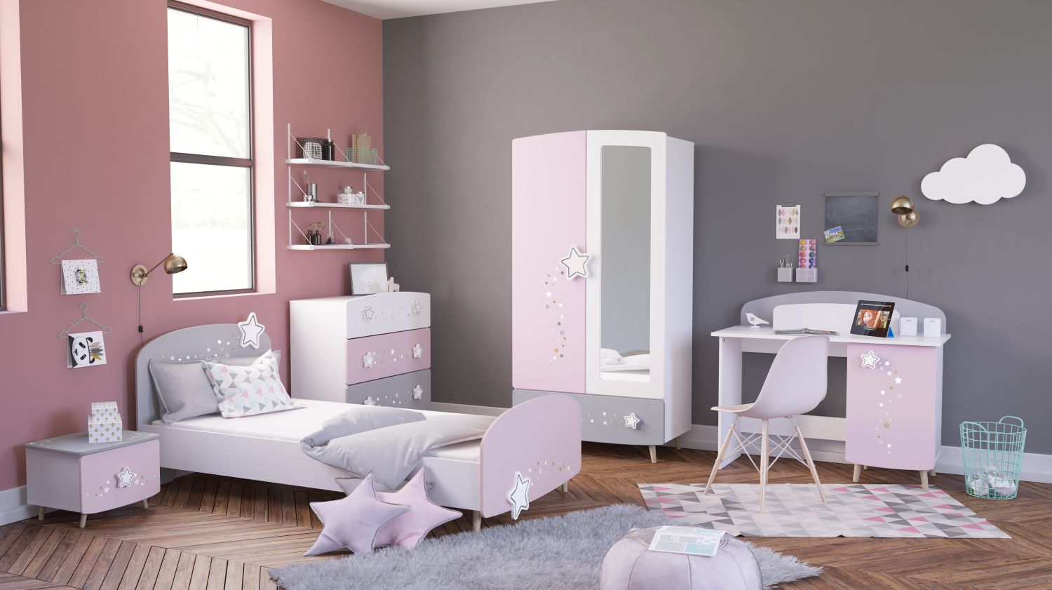 Kinderzimmer Sternschnuppe 5-tlg rosa weiß grau Kleiderschrank Kinderbett 2 Kommoden Schreibtisch