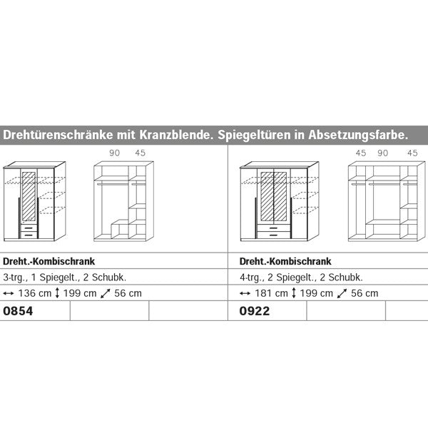 Kleiderschrank Basti 3-trg mit Spiegeltür + 2 Schubladen braun - weiß B 136 cm - H 199 cm - T 56 cm