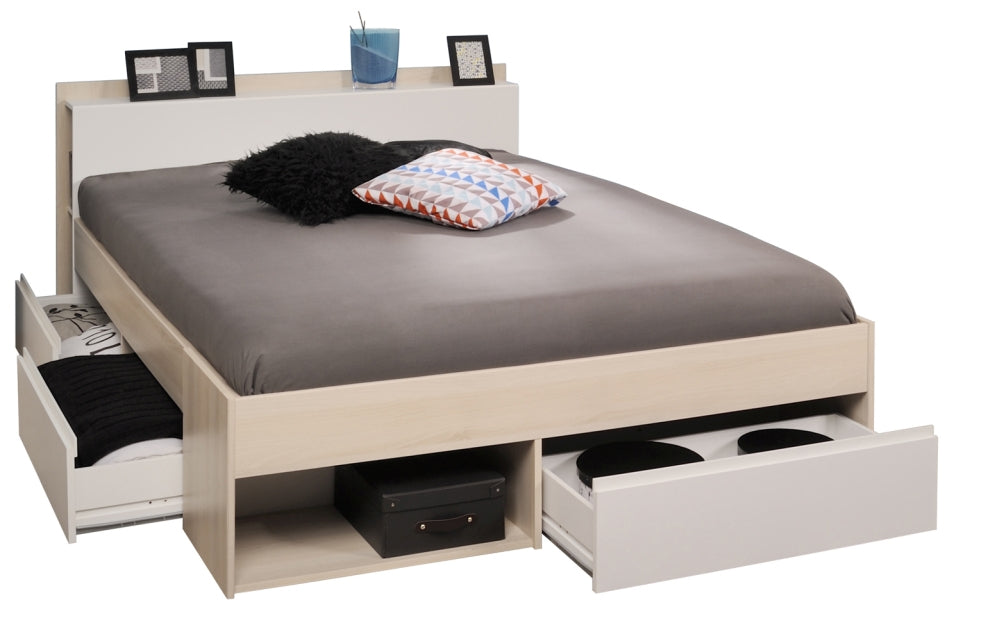 Funktionsbett Most Parisot 140*200 cm + 3 Bettkästen + Kopfteil-Regal + Fächer grau - weiß