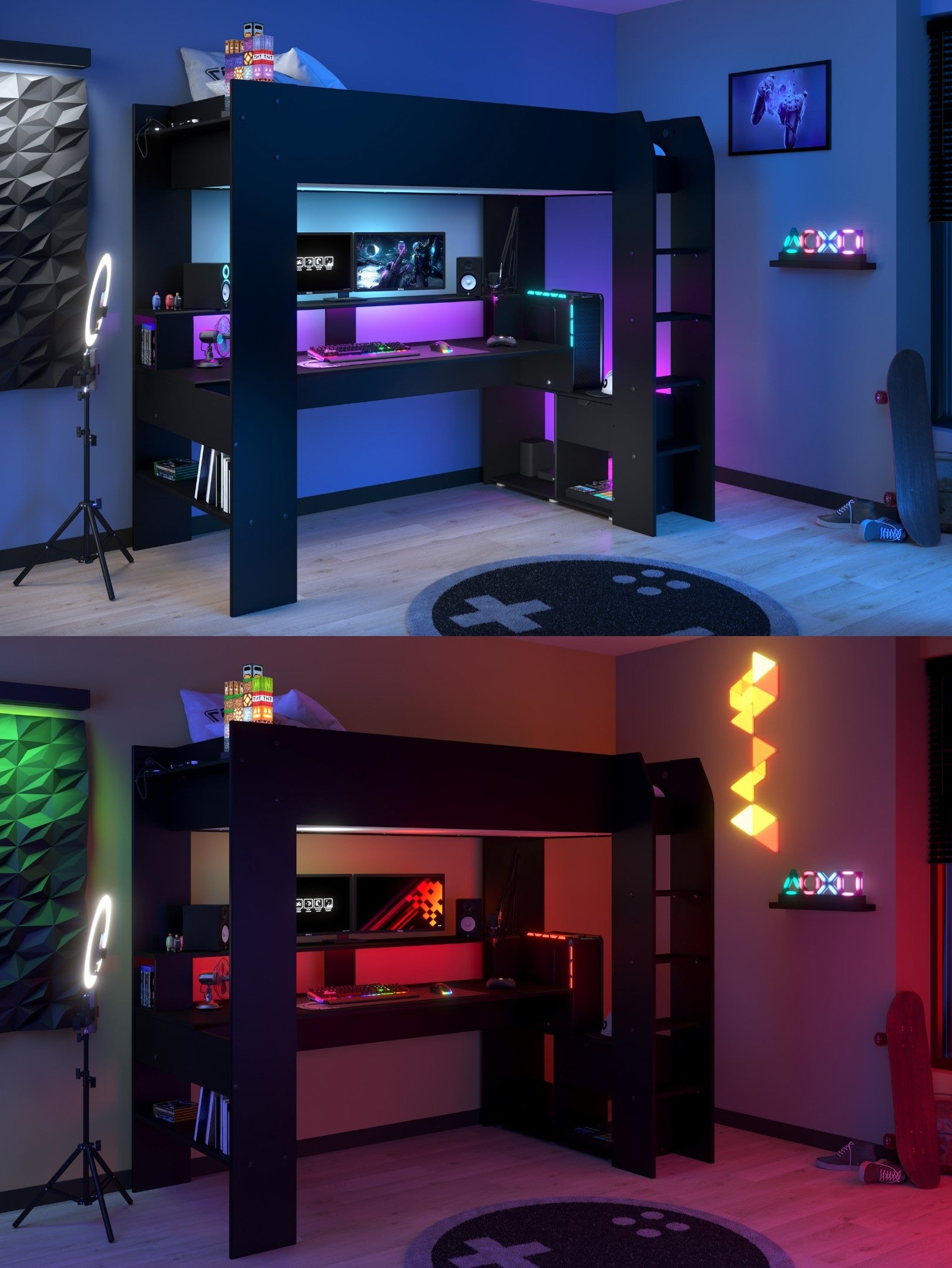 Hochbett Gamer Online 1 Parisot inkl LED-Beleuchtung + Schreibtisch + Lattenrostplatte 90*200 cm