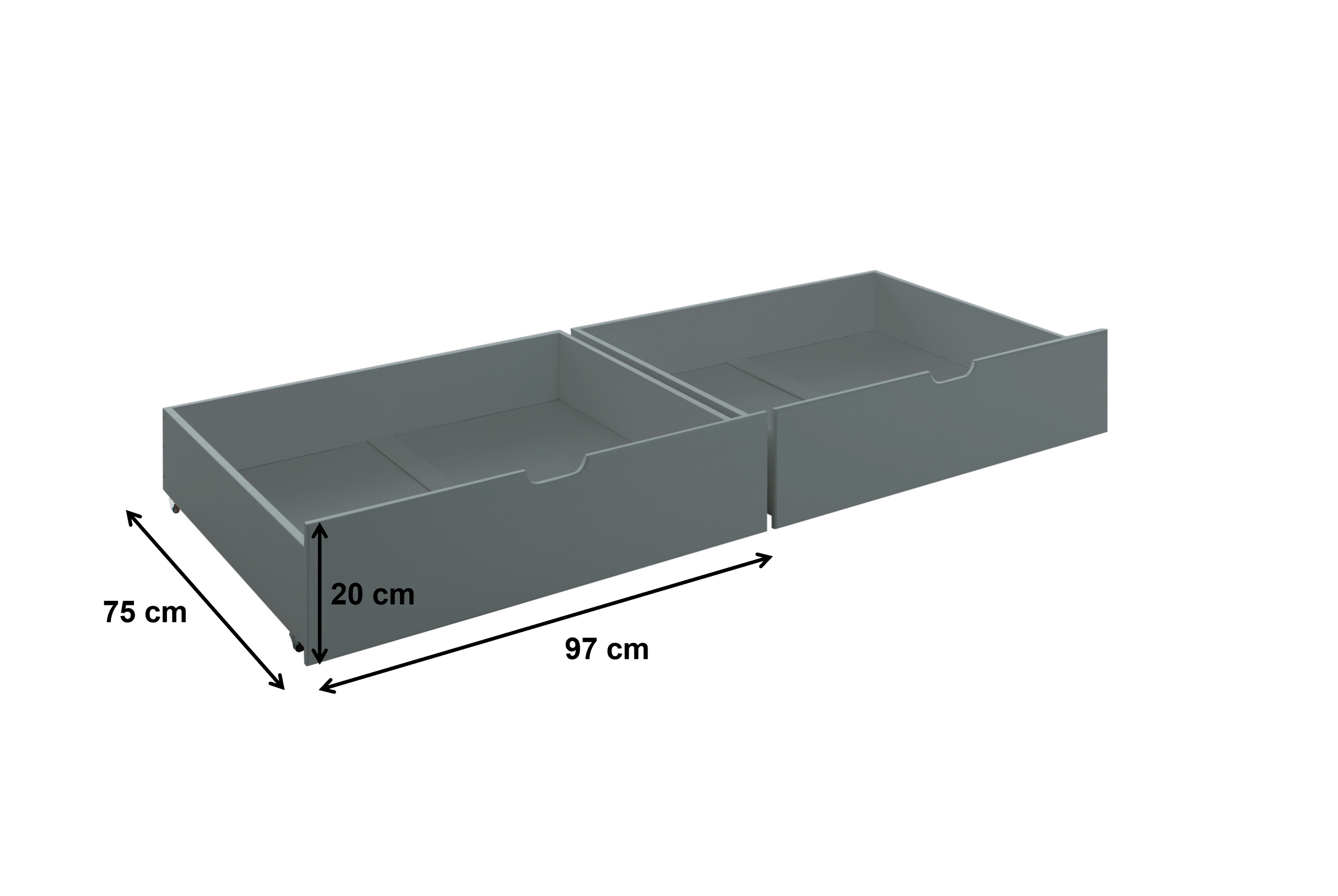 2x Bettkasten Alain mit Bodenplatten Kiefer massiv grau auf 4 Rollen B 97 - T 75 cm - H 20 cm