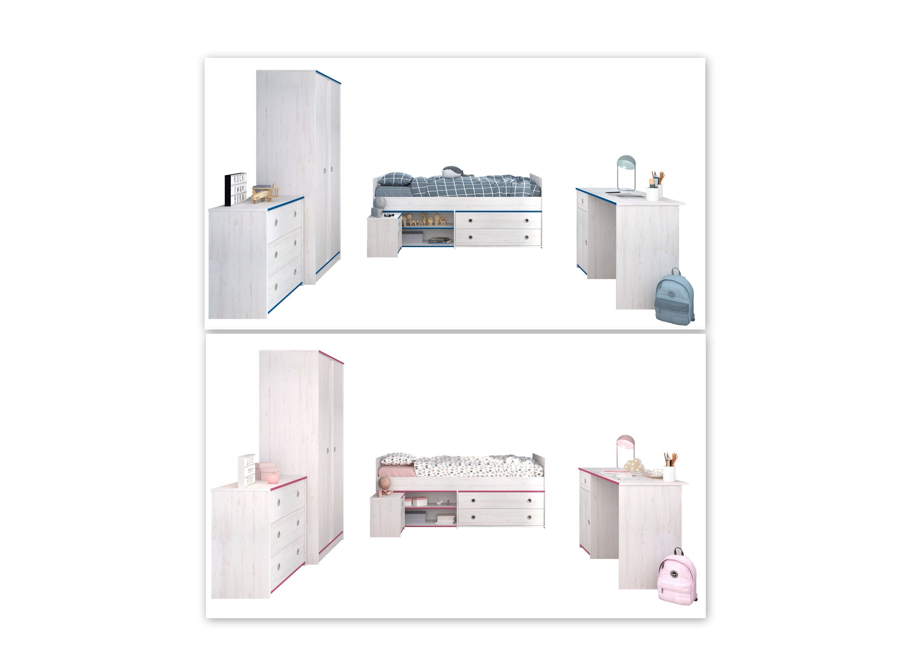 Kinderzimmer Smoozy 36 Parisot 5-tlg Bett + Nachtkommode + Schreibtisch + Kleiderschrank + Kommode weiß