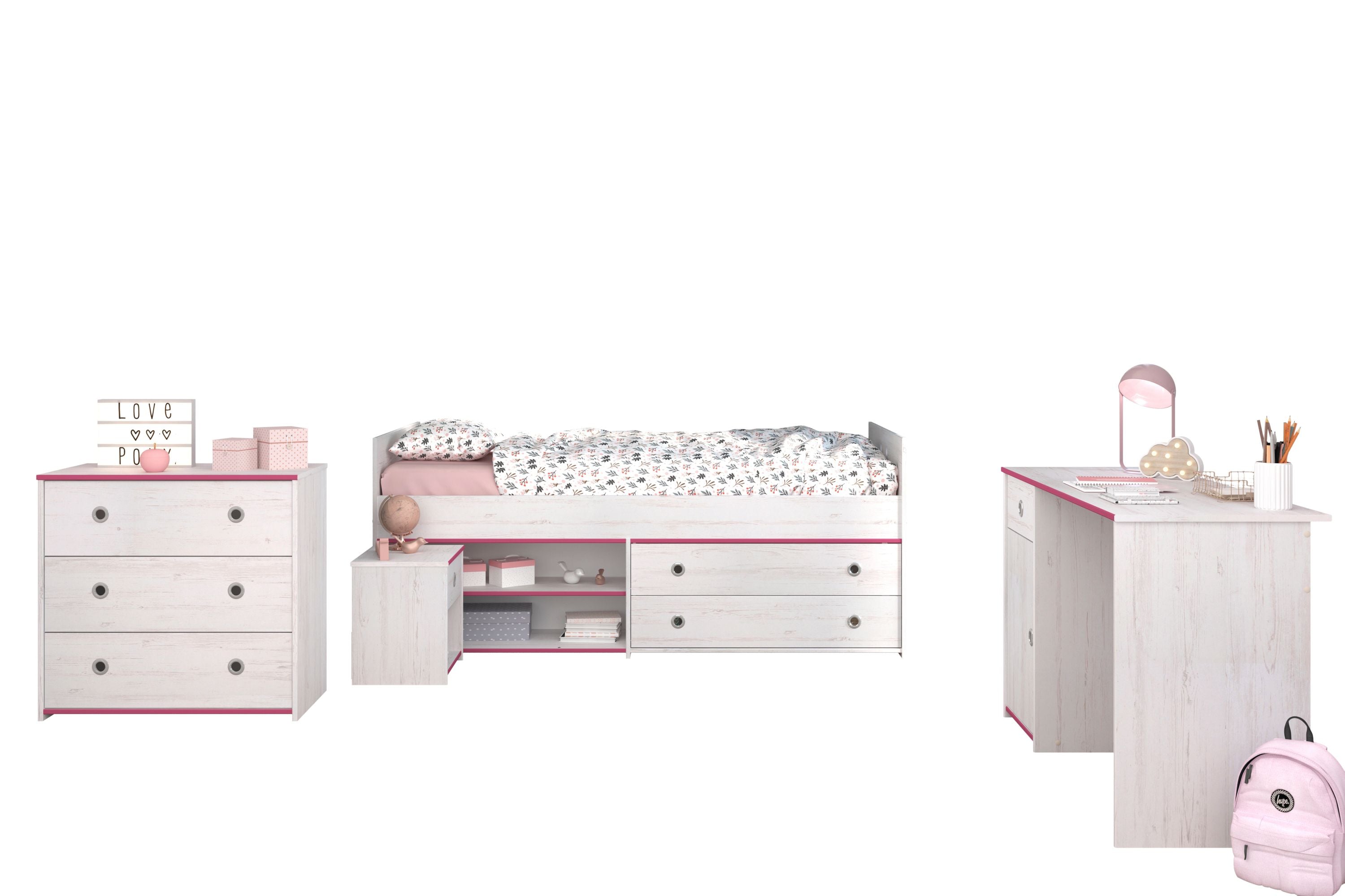 Kinderzimmer Smoozy Parisot 4-tlg Bett + Nachtkommode + Schreibtisch + Kommode weiß