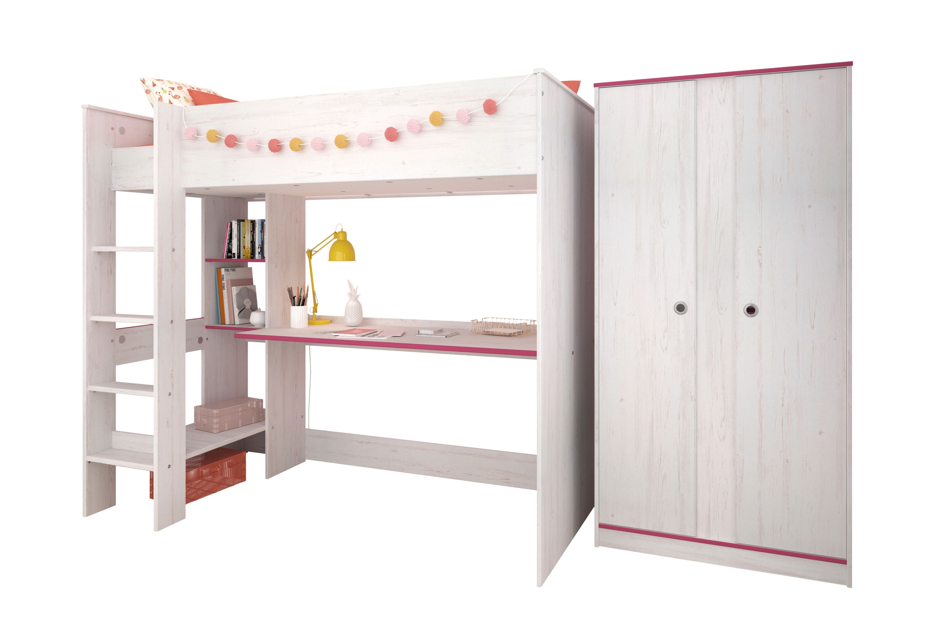 Kinderzimmer Smoozy Parisot 2-tlg. weiß Hochbett 90*200 cm inkl. Schreibtisch + Kleiderschrank