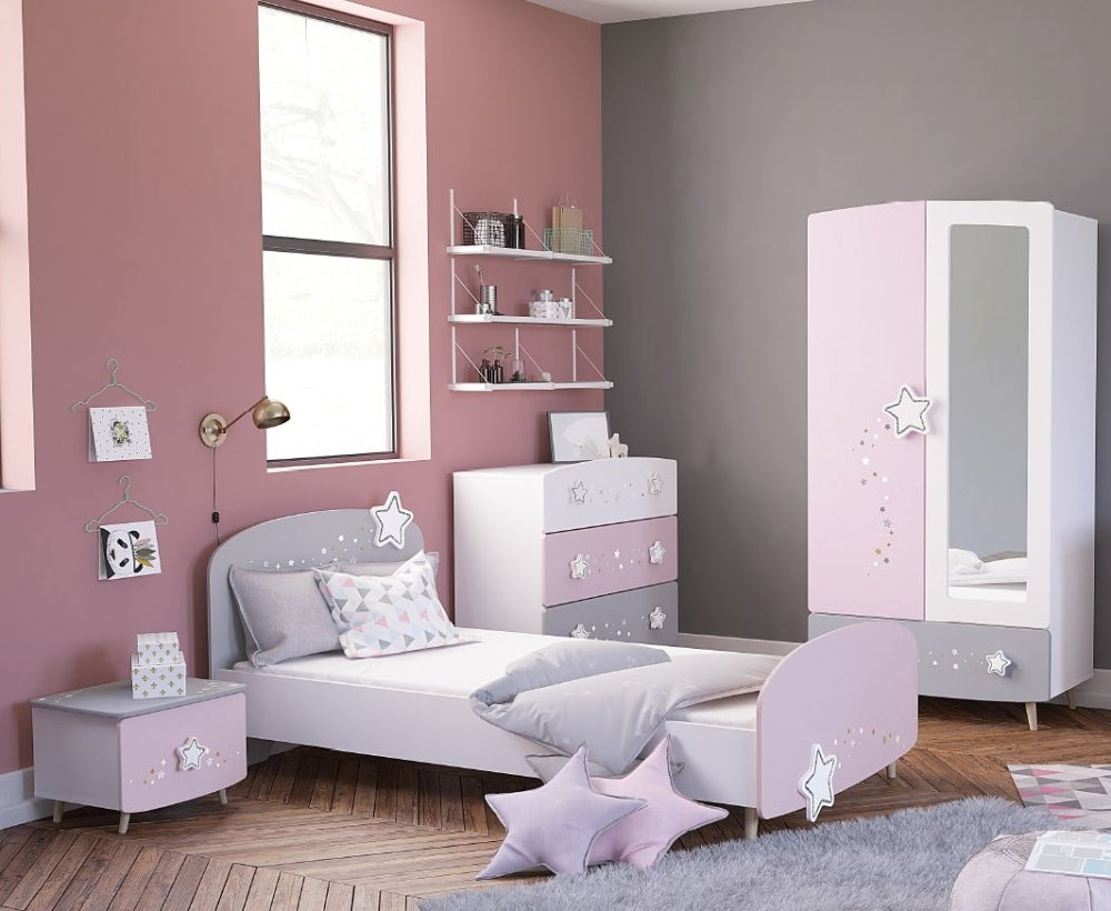 Kinderzimmer Sternschnuppe 4-tlg rosa weiß grau Kleiderschrank Kinderbett 2 Kommoden